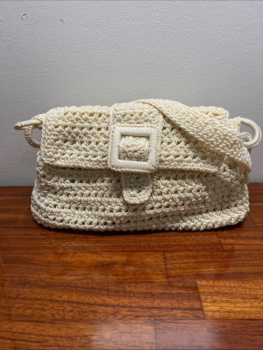 Vintage Cream Crochet Shoulder Bag with Buckle Strap by SAK.